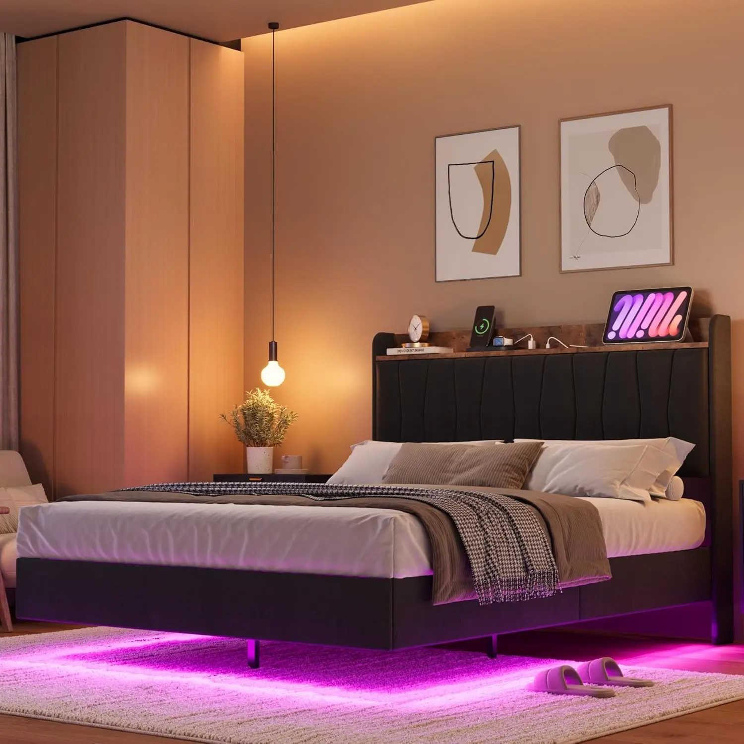 【Christmas Gift】Full Floating Bed Frame with LED Lights  Charging Station No Box Spring Neede Easy to Assemble Black
