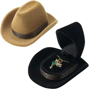 Cowboy Hat Engagement Ring Box Velvet Jewelry Boxes Bulk Brown Black Hats Caps Shaped Decorative Ring Earrings Holder Display Case Boxes for Wedding Ceremony Rings Pendant Storages