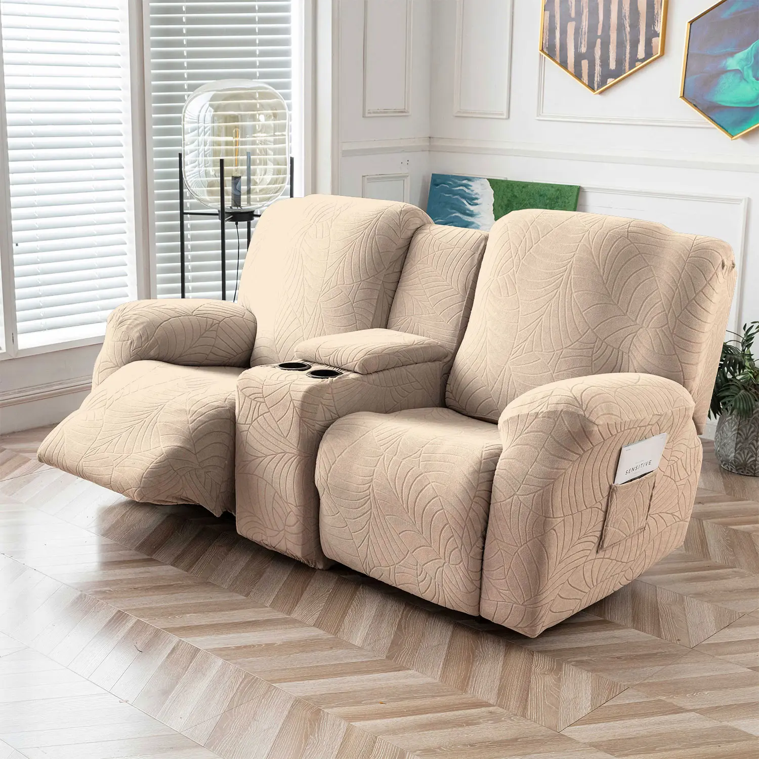 Modern 2-Seater Recliner Sofa Cover with Center Console - Leaf Pattern Jacquard Split, Soft Stretch Washable Slipcover for Sofa, Reusable Couch Protector Fits 65-80"