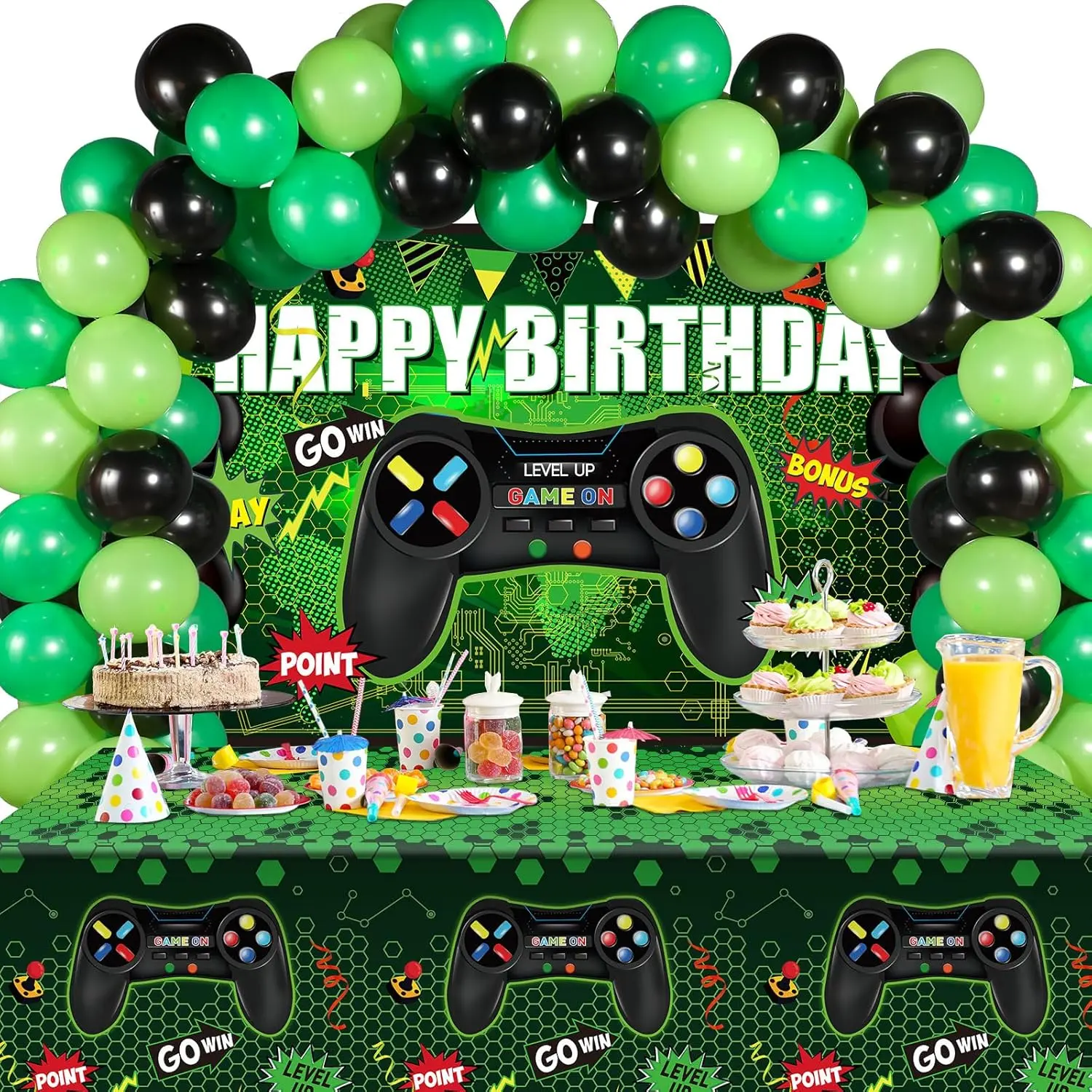 F-PSD24  Video Game Birthday Party Decorations Set Gaming Happy Birthday Supplies Includes Video Game Backdrop, Table Covers, Balloons and Foil Gamer Balloons for Party(Green and Black)