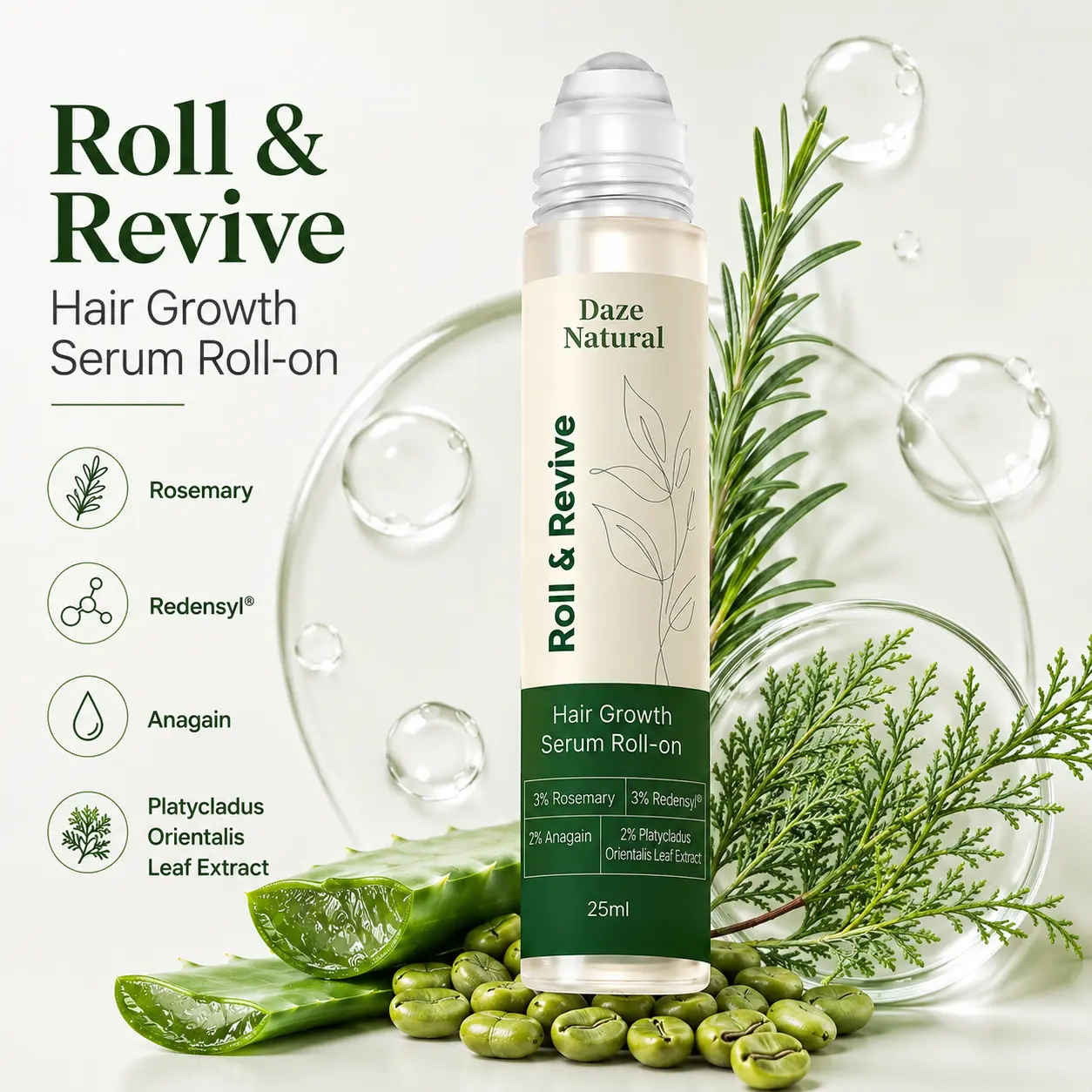 [New Launch Sale] Daze Naturals Hair Growth Roll-On Serum | 3% Rosemary, 3% Redensyl, 2% AnaGain| Precision Scalp Applicator| Paraben/Sulphate-Free| Non-Oily| DHT-Care Botanicals| 50ml