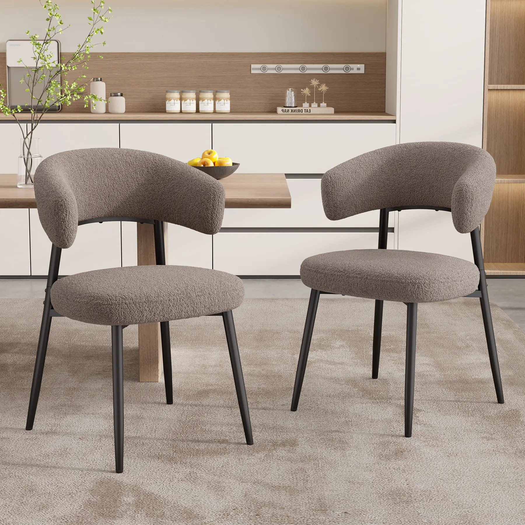 Dining Chairs Set of 2/4, Mid Century Modern Kitchen Chairs, Boucle Upholstered Dining Chair with Curved Backrest & Metal Legs for Kitchen Dining Room