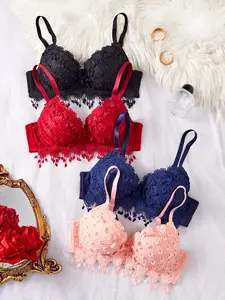 Women's Fashion Floral Design Push Up Lace Push-Up Bra Set, 4-Piece Seamless Underwear for Party & Daily Wear, Autumn Winter Comfortable Fit