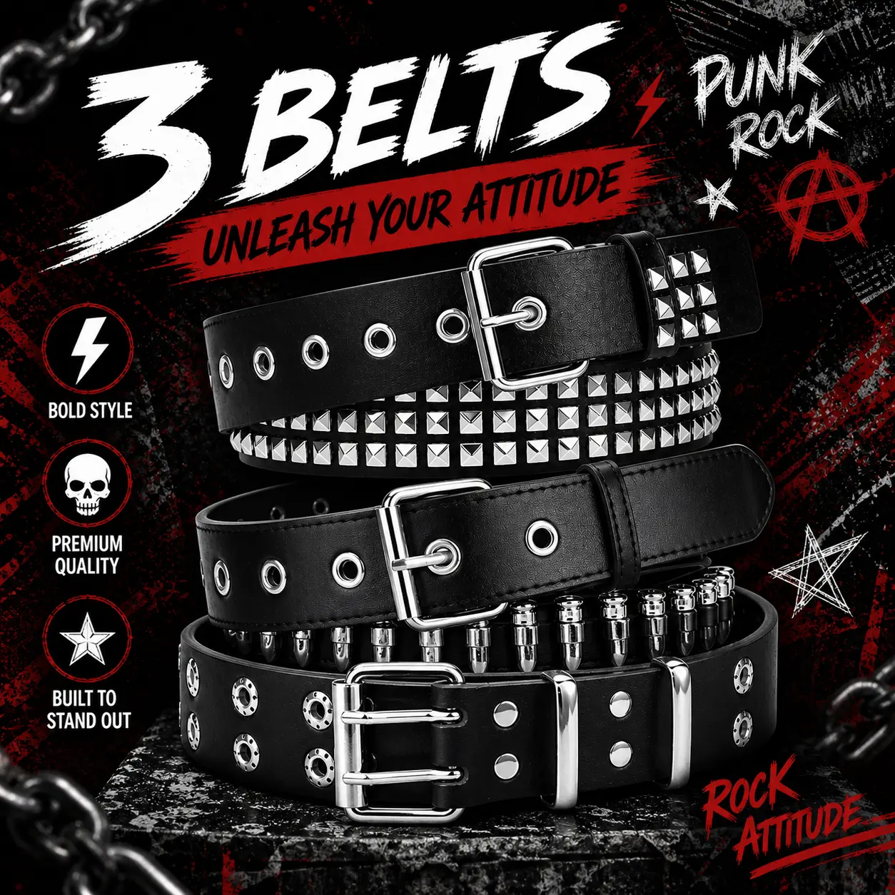 3 Pcs Studded Belt, Y2K Belt EMO Goth Belts Punk Rock with Bullet Belts for Women Men