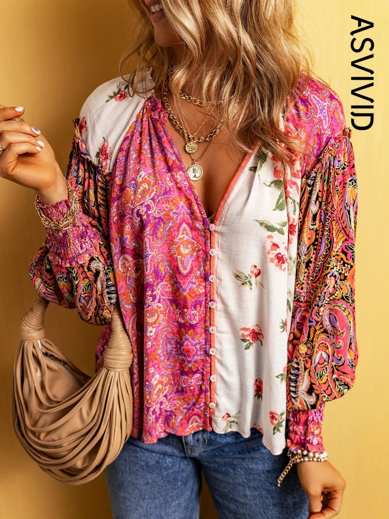 Women's Floral Print Frill Trim Shirred Notched Blouse, Boho Bishop Sleeve Button Front Top for Spring & Fall, Women's Clothing for Daily Wear