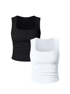 Women's 2 Pieces Sets Seamless Ribbed Crop Tank Top Square Neck Sleeveless Fashion Cropped Summer T-Shirt Premium Ribbed Fabric