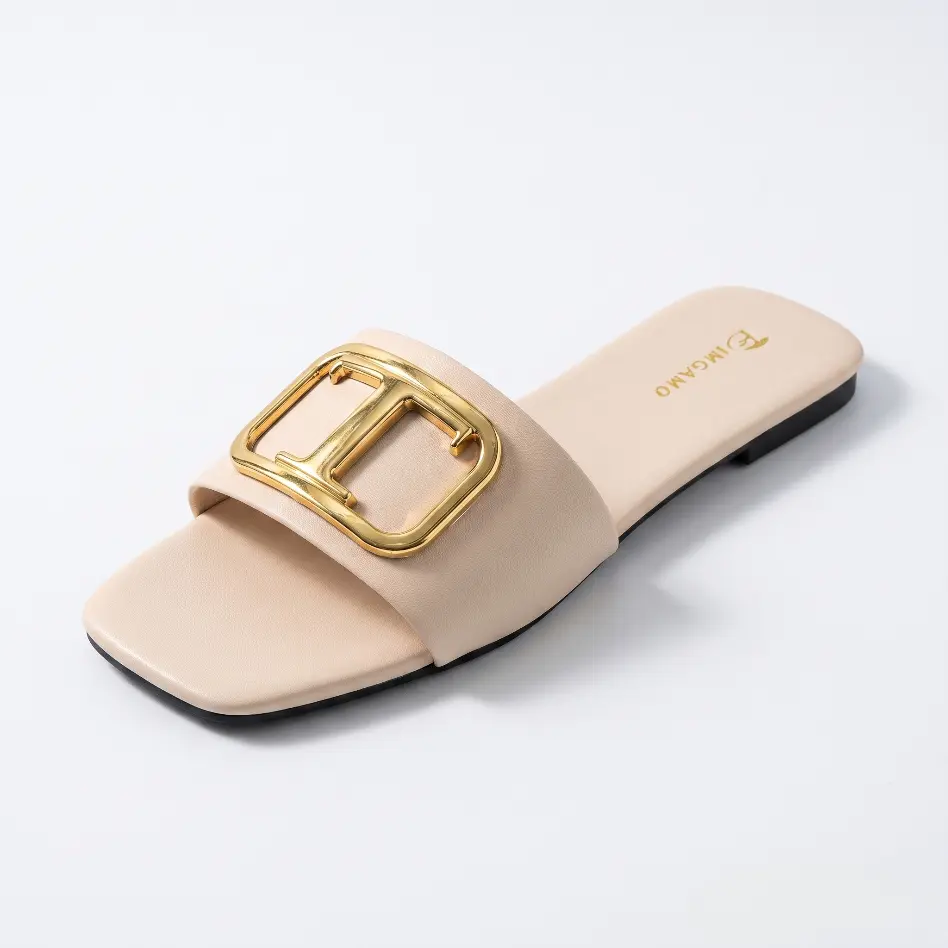 Dimgamo Women's Flat Sandals Fashion Square Open Toe Slides With Metal Decorative Buckle Slippers for Summer Size 7.5-10.5