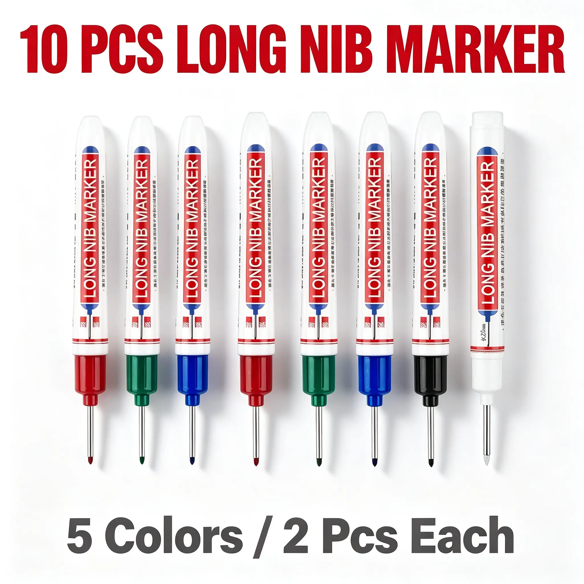 10Pcs Long Nib Deep Reach Permanent Markers, 20mm Single-Ended, 8cm Built-in Side Ruler, Waterproof Quick-Dry Marking Pens for Carpenters, Woodworking DIY Projects