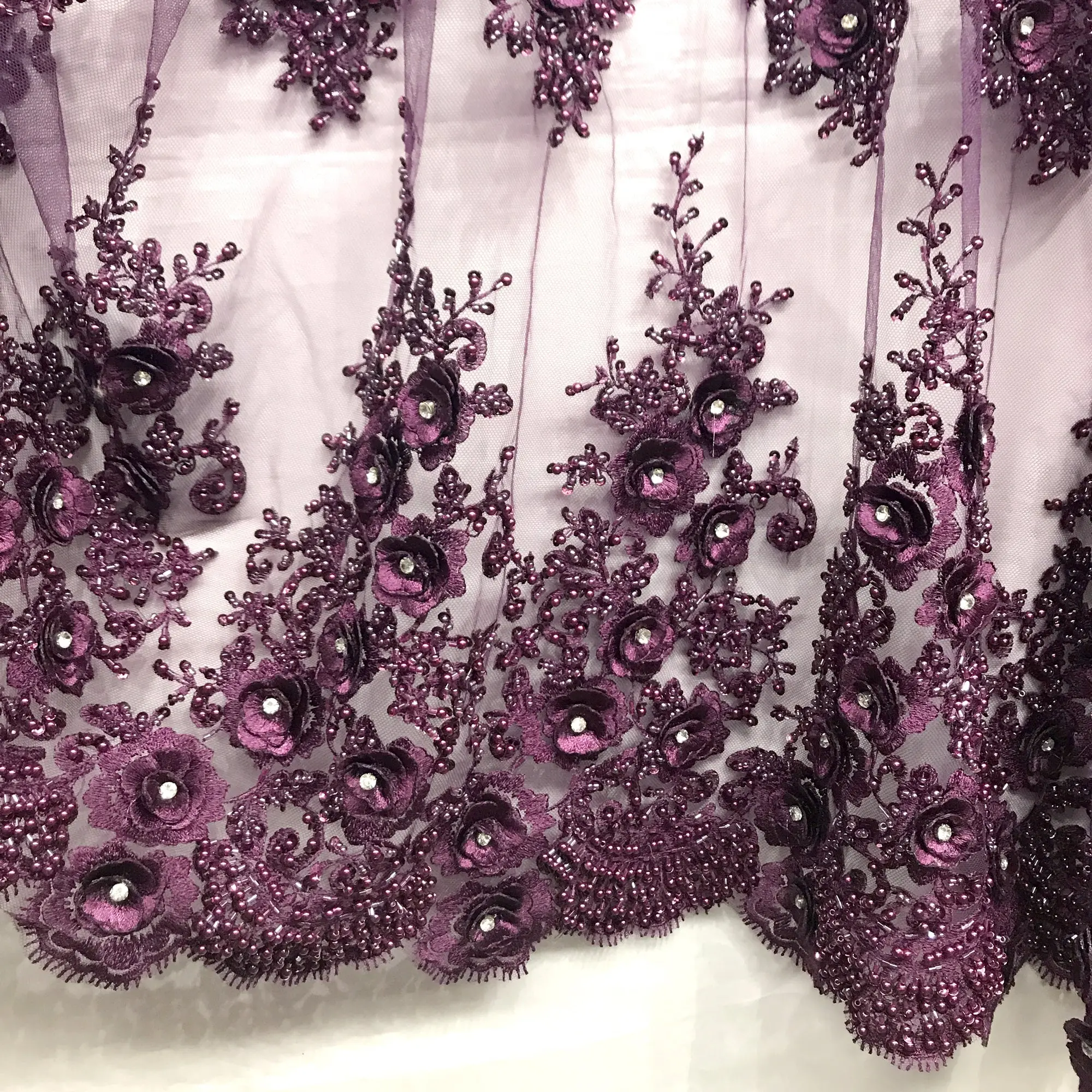 Beaded 3D Floral Lace Fabric with Pearls & Sequins, Embellished Polyester Mesh with Scalloped Edges for Bridal Gowns & Quinceañera Dresses, 54" Wide