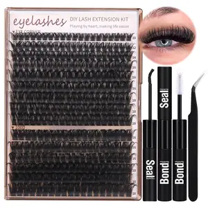 Eyelash Extensions Kit, 1 Set Including 294pcs D Curl Eyelashes, 1 Eyelash Glue & 1 Tweezers, Professional Eye Makeup Accessories for Women, Cosmetic, DIY Lash Extension Kit, DIY Lashes Cluster, Black, Eyelash Fixer