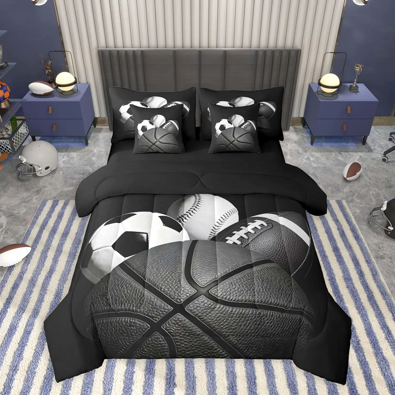 Boys Sports Comforter Set 7 Pieces Football Baseball Soocer Basketball Bedding Set Black White Bed in a Bag with Sheets,Pillowcases,Cushion Covers Sports Gifts Room Decor Soft