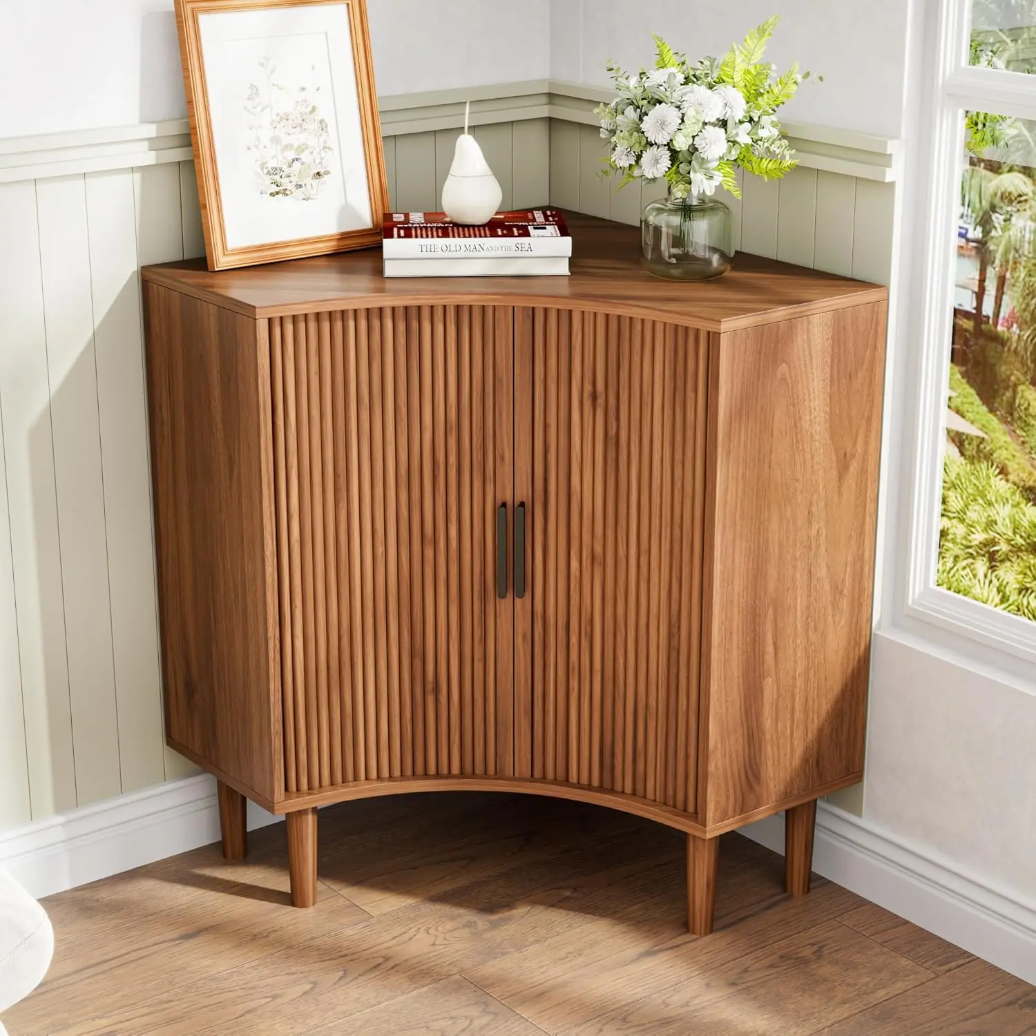 Midcentury Modern Wooden Fluted Corner Floor Cabinet - Sturdy Bedroom Decor, Furniture for Small Spaces, Space Saving Freestanding Narrow Storage, 33x21x29in, Sliding Doors, Adjustable Shelf, Pointed Corners, 25kg+ Weight Capacity, Assembly Required