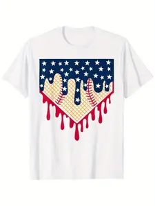 Baseball Drip Boy Ice Cream Patriotic American Flag 4th July T-Shirt for Boys Fashion Trend Bottoming Shirt Breathable, Casual Comfortable Top Streetwear Fashion Casual Summer Tee Crew Neck Short Sleeve T-Shirt Best Gift for Boy Girl