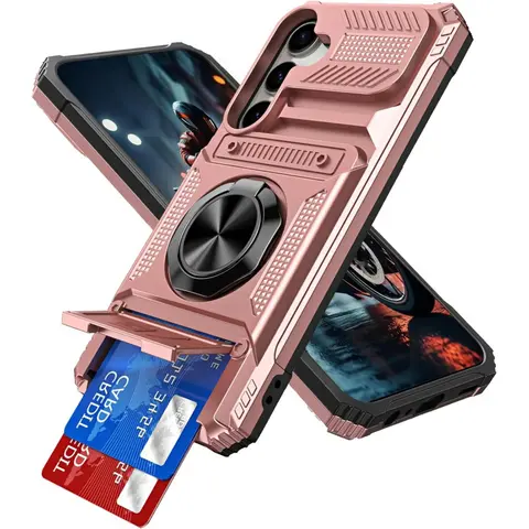 Phone Cases for Samsung Galaxy S25 S24 S23 FE Ultra Plus & A56 A55 A36 A35 A26 A17 A16 A15 A14 5G Case with Hidden 2-Card Holder, Magnetic Rotating Ring Kickstand, Dual-Layer Shockproof Protection