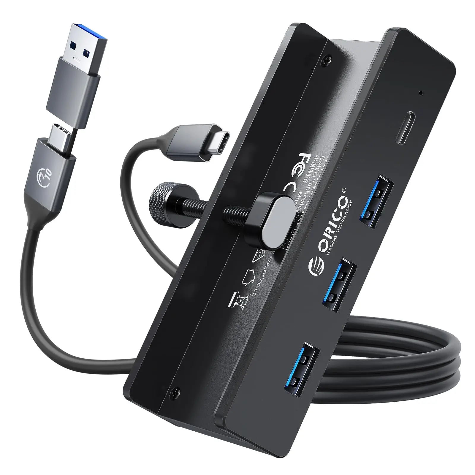 ORICO USB Hub 3.0, Clamp USB Hub with Extra Power Supply Port, Aluminum 4-Port USB Adapter with 3 USB-A Data Ports, USB-C Port for Monitors, Desks-MH4PC