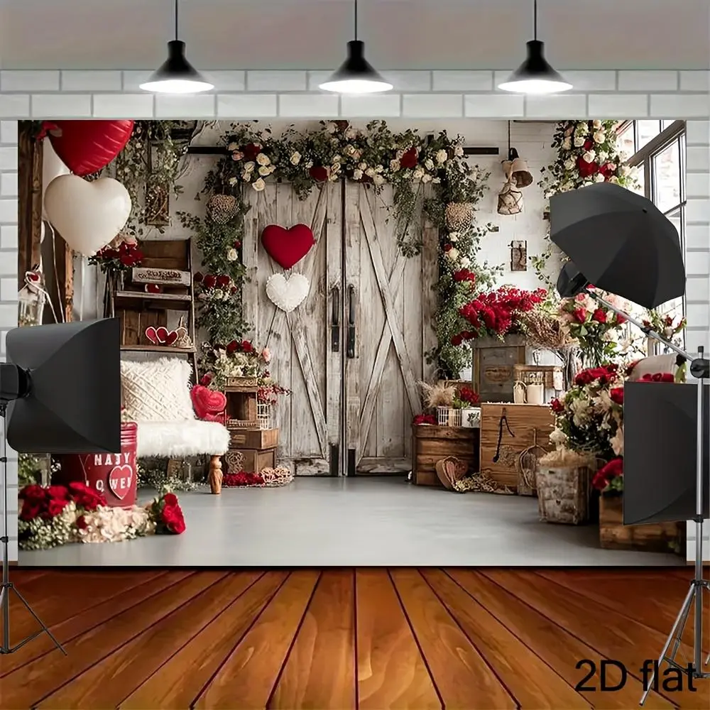 1PC Retro 2D Flat Wooden Door Love Flower Backdrop Banner, Reusable Polyester Ornament for Valentine's Day, Romantic Proposal, Birthday Photo Studio Decor