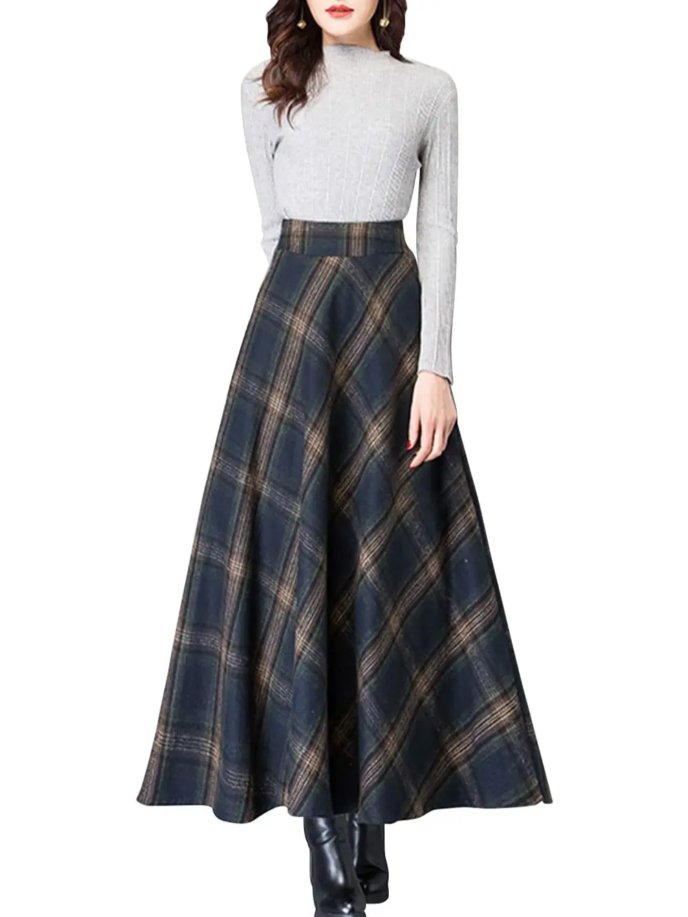 Ebossy Women's Vintage High Waist Wool Blend Plaid A-Line Long Maxi Skirt with Pocket Bottoms Womenswear