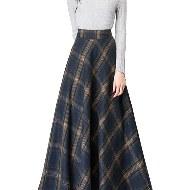 Ebossy Women's Chic Vintage High-Waist Wool-Blend Plaid A-Line Maxi Skirt - Casual Comfy, Side Patch Pockets, Back Elastic Waist, Zipper, Ideal for Evening, Grand Party Events Womenswear