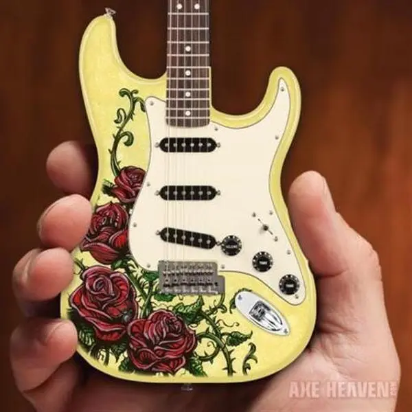 Authentic and Licensed David Lozeau Rose Tattoo Fender Strat 1:4 Scale Replica Guitar, 10.5 Inches, Adjustable Display Stand, Amazing Quality Collectible Figurine