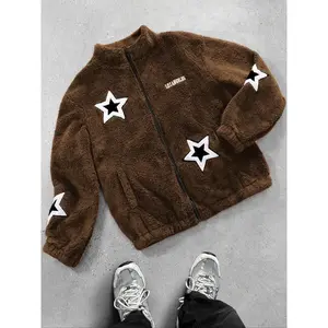 Y2K street-style zip jacket with star patches, chain-print wool jacket for men and friends, casual fashion jacket, zipper jacket GARMENTARY