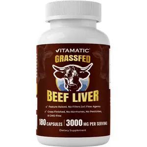 Vitamatic Healthy Nutrient Rich Complex Dietary Grass-Fed Beef Liver Glandular Supplement - 180 Capsules, Freeze-Dried, Non-GMO, Pasture-Raised - 3000 MG per Serving - Made in USA for Brain Health
