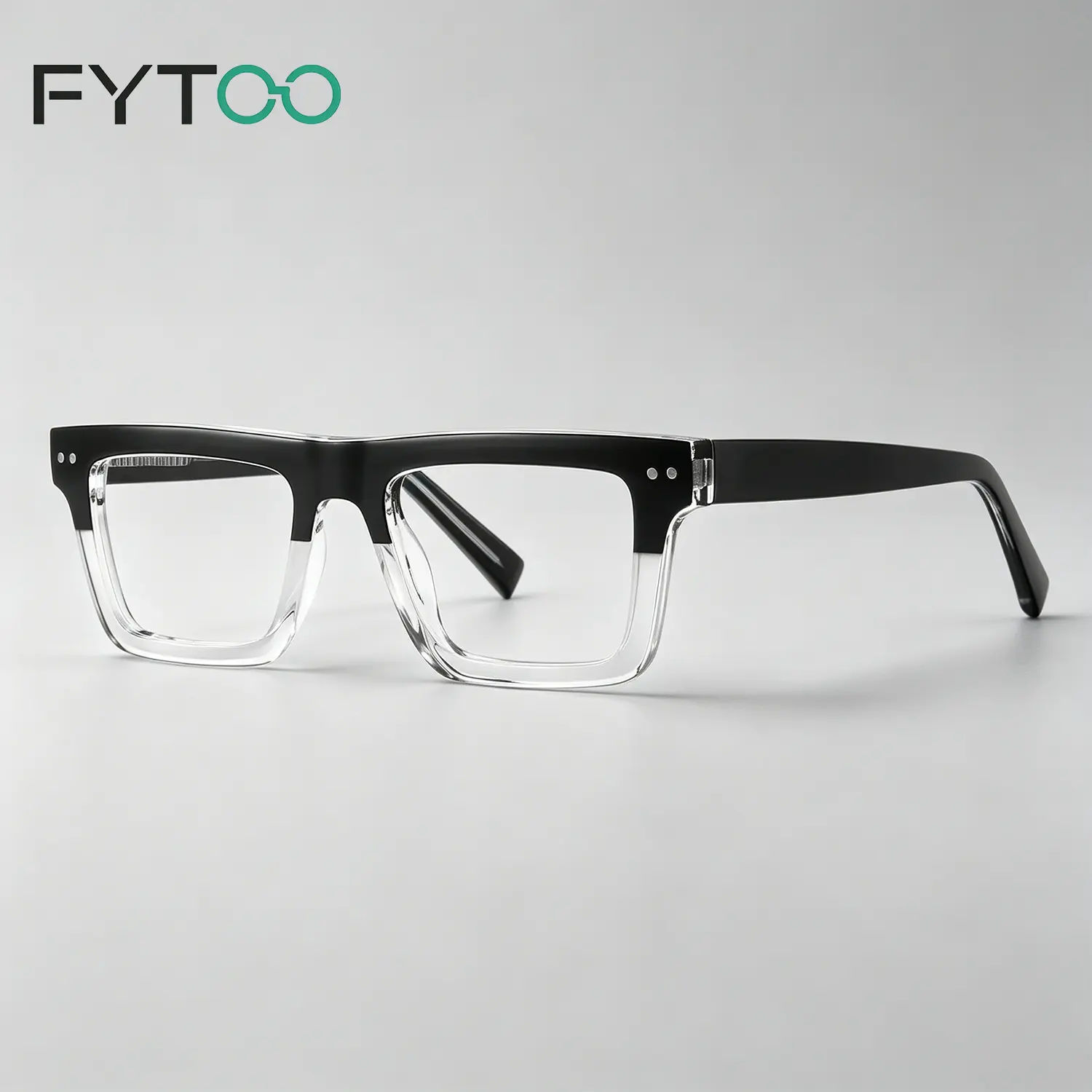FYTOO Unisex Full Rim Bicolor Black-Clear Square TR90 Angular Non-Prescription Glasses Frame, Replaceable Feather Light Retro Eyewear for Daily Office Use (1899-16), Bicolor Frame Non-Prescription Glasses, Eyewear Fashion