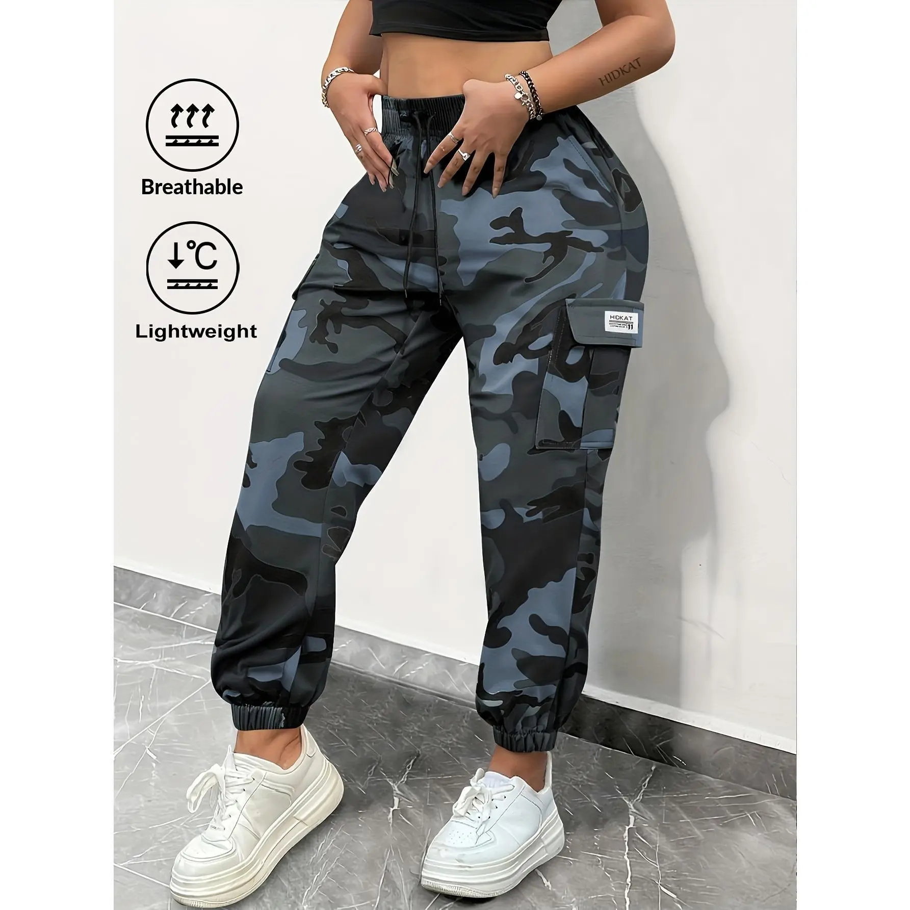 Women’s camouflage cargo jogger pants, high-waisted elastic drawstring camo pants, lightweight breathable streetwear long pants with utility pockets