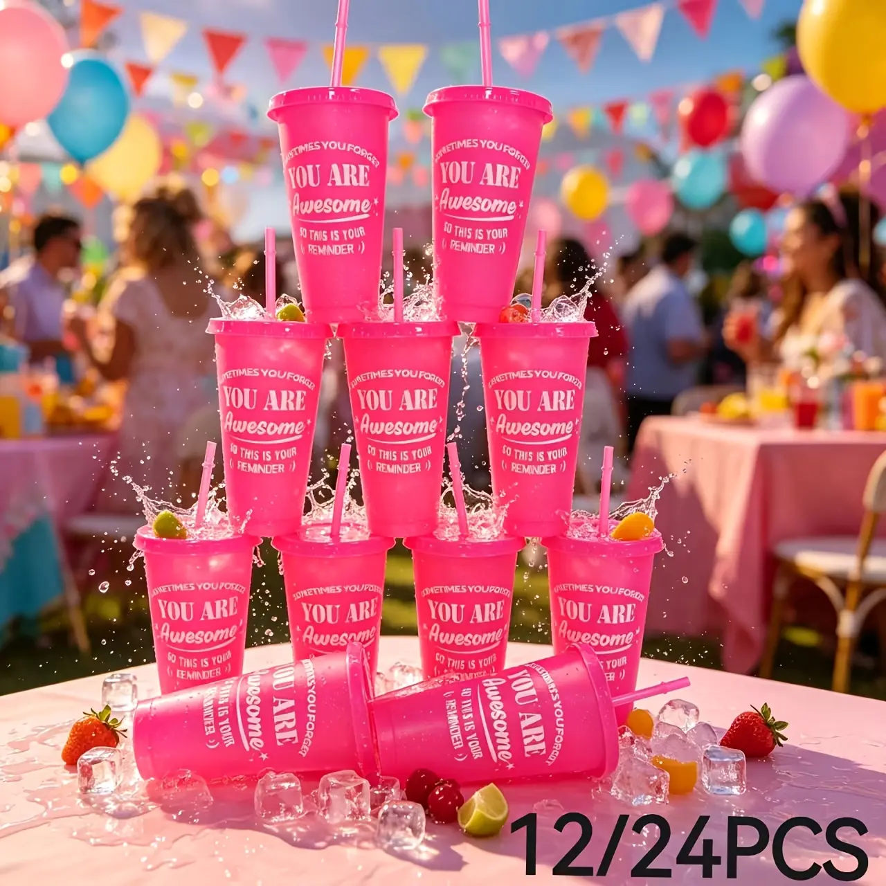 24oz "You Are Awesome" Inspirational Plastic Party Drinkware Cups with Lids & Straws, 12/24-Pack Glitter Bottles for Iced Coffee, Daily Use, Ideal for Birthday Party Favors Bottles Drinkware Water Bottles