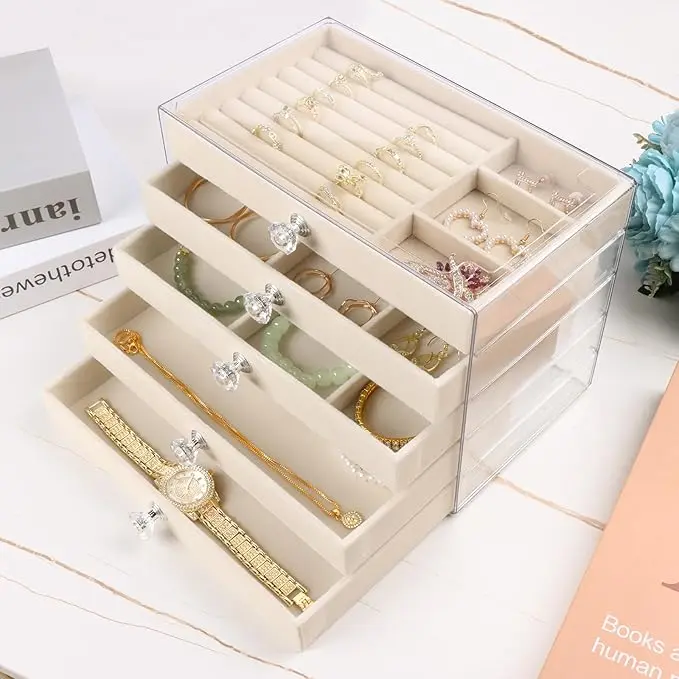 5-Drawer Rectangular Classic Modern Glam Stackable Jewelry Box Organizer with Beige Velvet Trays, Acrylic Home Organization Stackable Storage Bins with Adjustable Compartments & Anti-Skid Pads