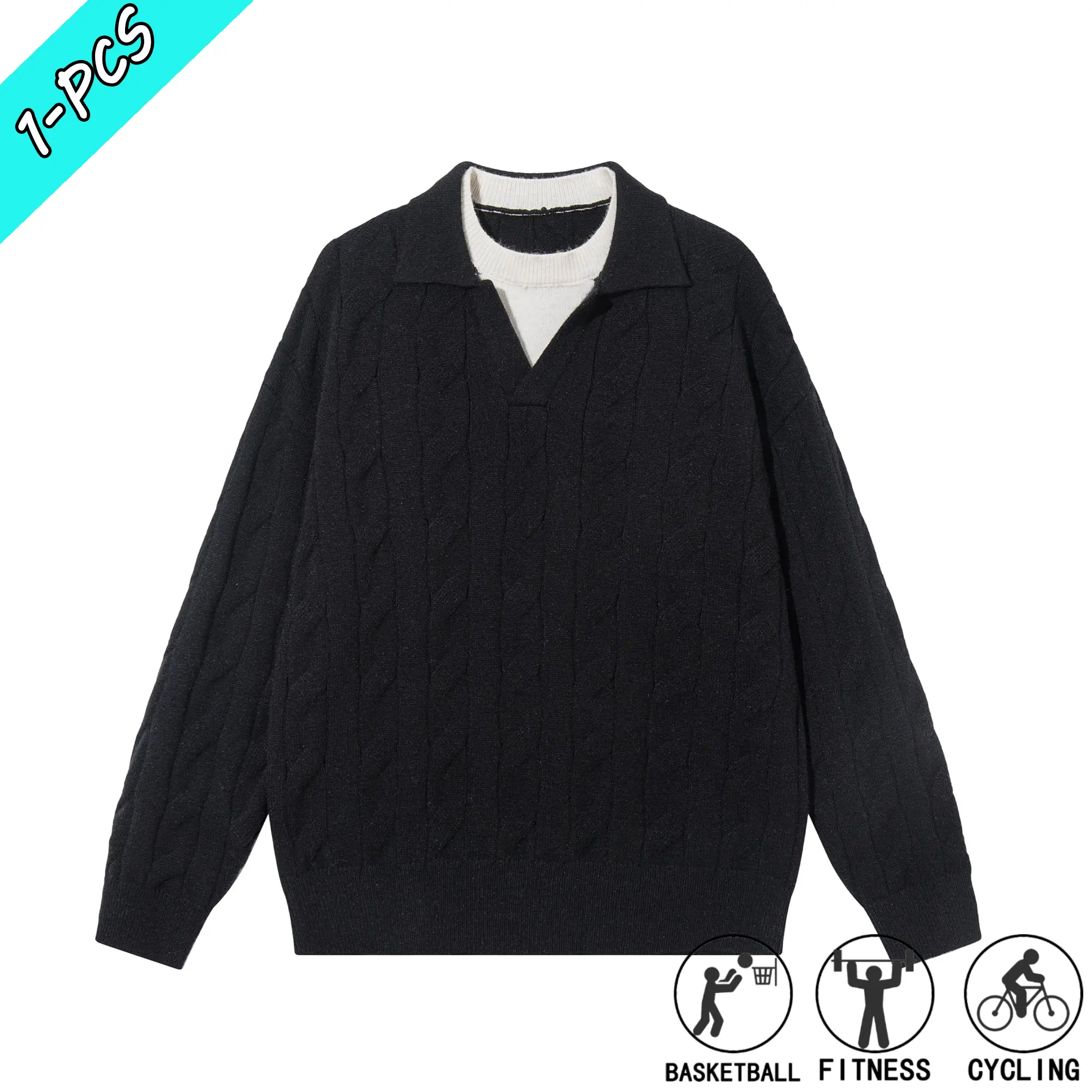 Men’s spring/autumn casual fashion loose-fit knit V-neck sweater with a color-blocked faux two-piece design; unisex, suitable for everyday wear, commuting to work, and street outings.