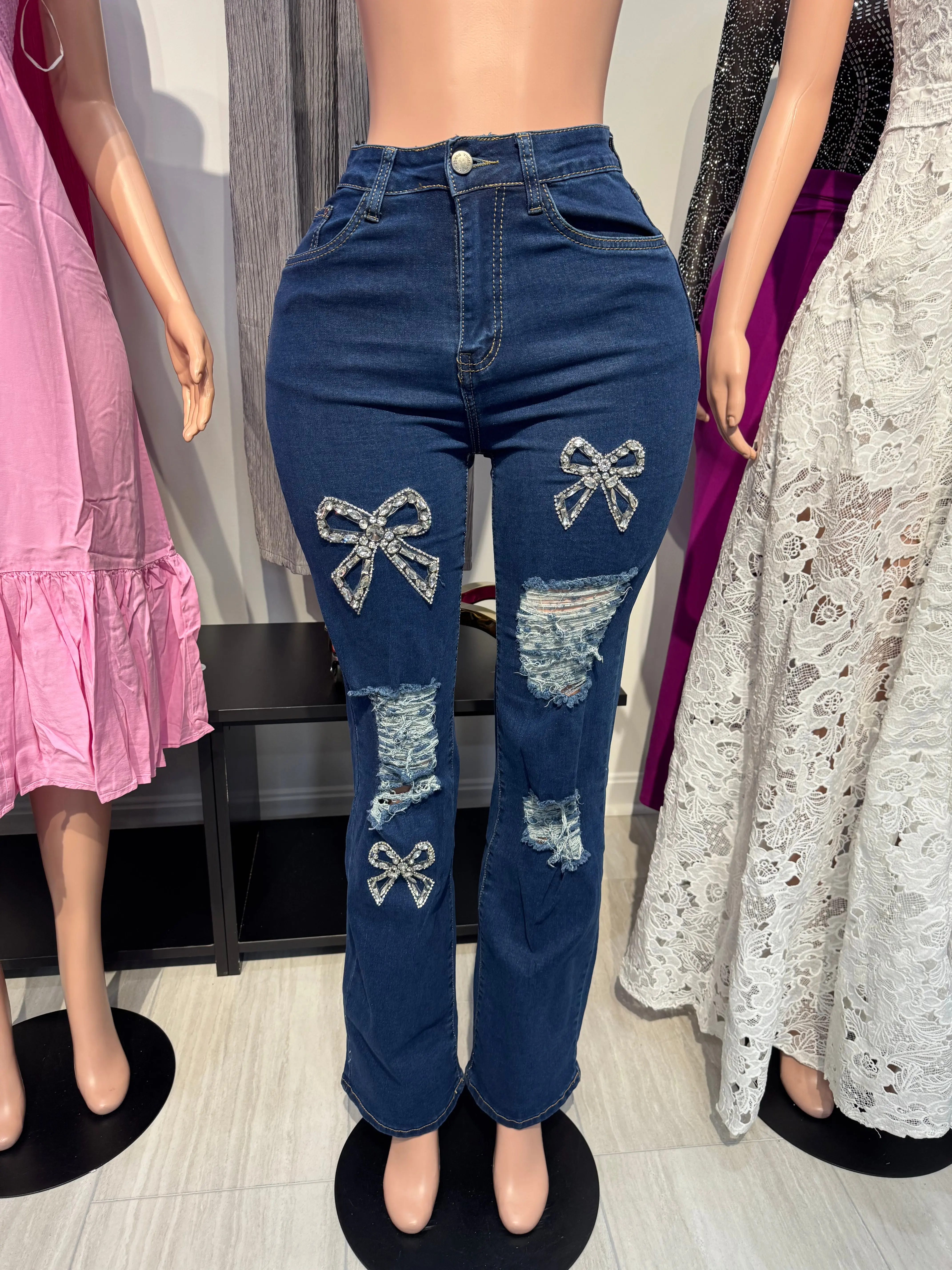 Glam Bow Distressed Straight-Leg Jeans