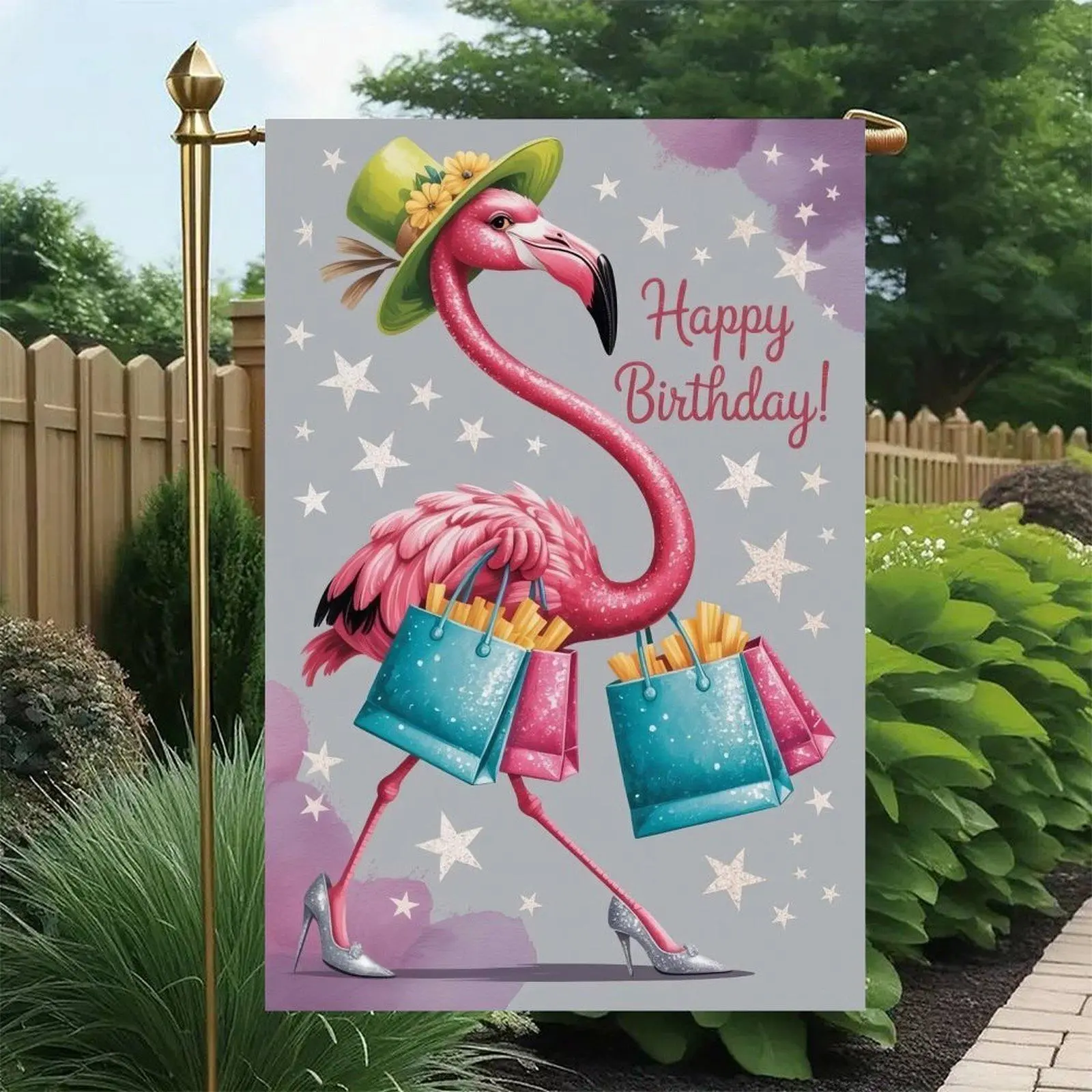 Double-Sided 12x18in Tropical Flamingo & Star High Heel Fabric Garden Flag, Happy Birthday Outdoor Decor Banner for Festive Party Celebrations, Garden Decor