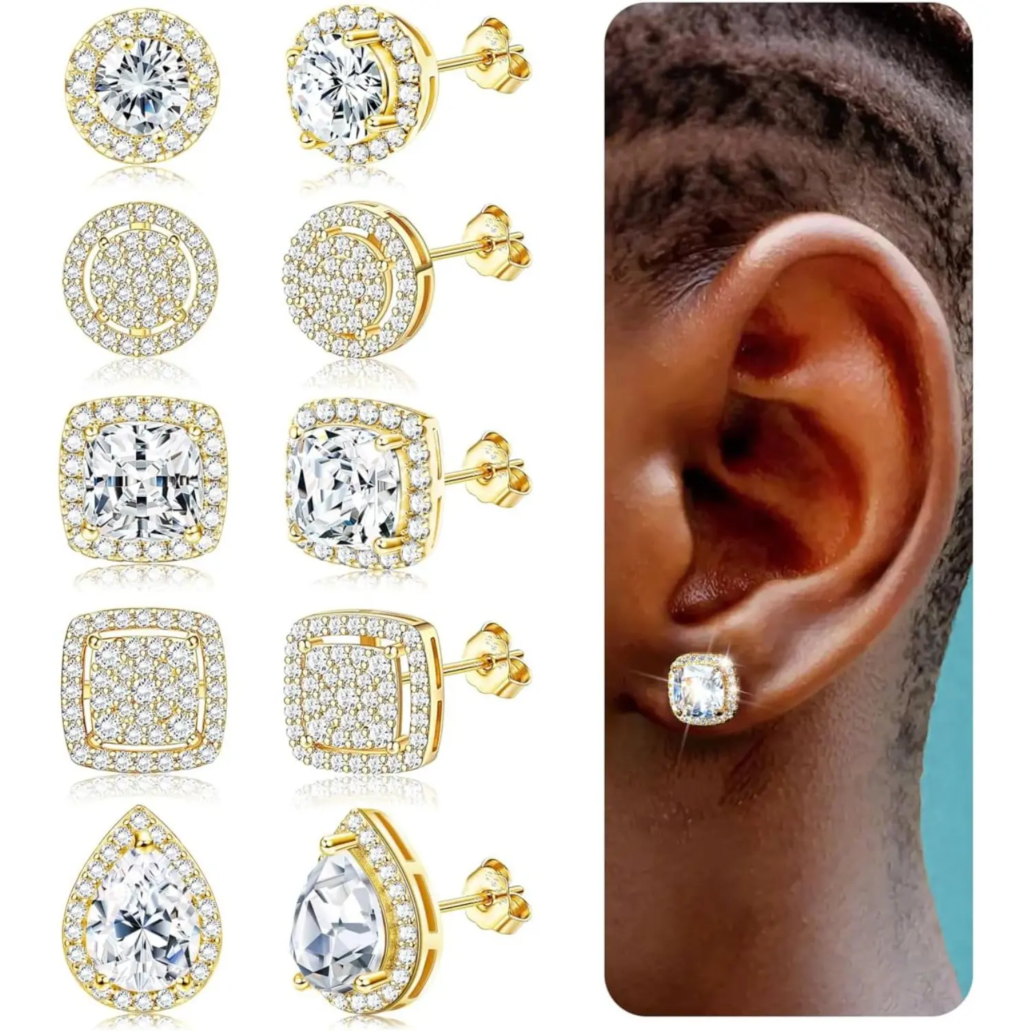 MILACOLATO Cubic Zirconia Stud Earrings for Women Men Simulated Diamond CZ Halo Stud Earrings Round Square Iced Out Earrings 18K Plated Gold Hypoallergenic 925 Sterling Silver Post Earrings Set, Halo Effect