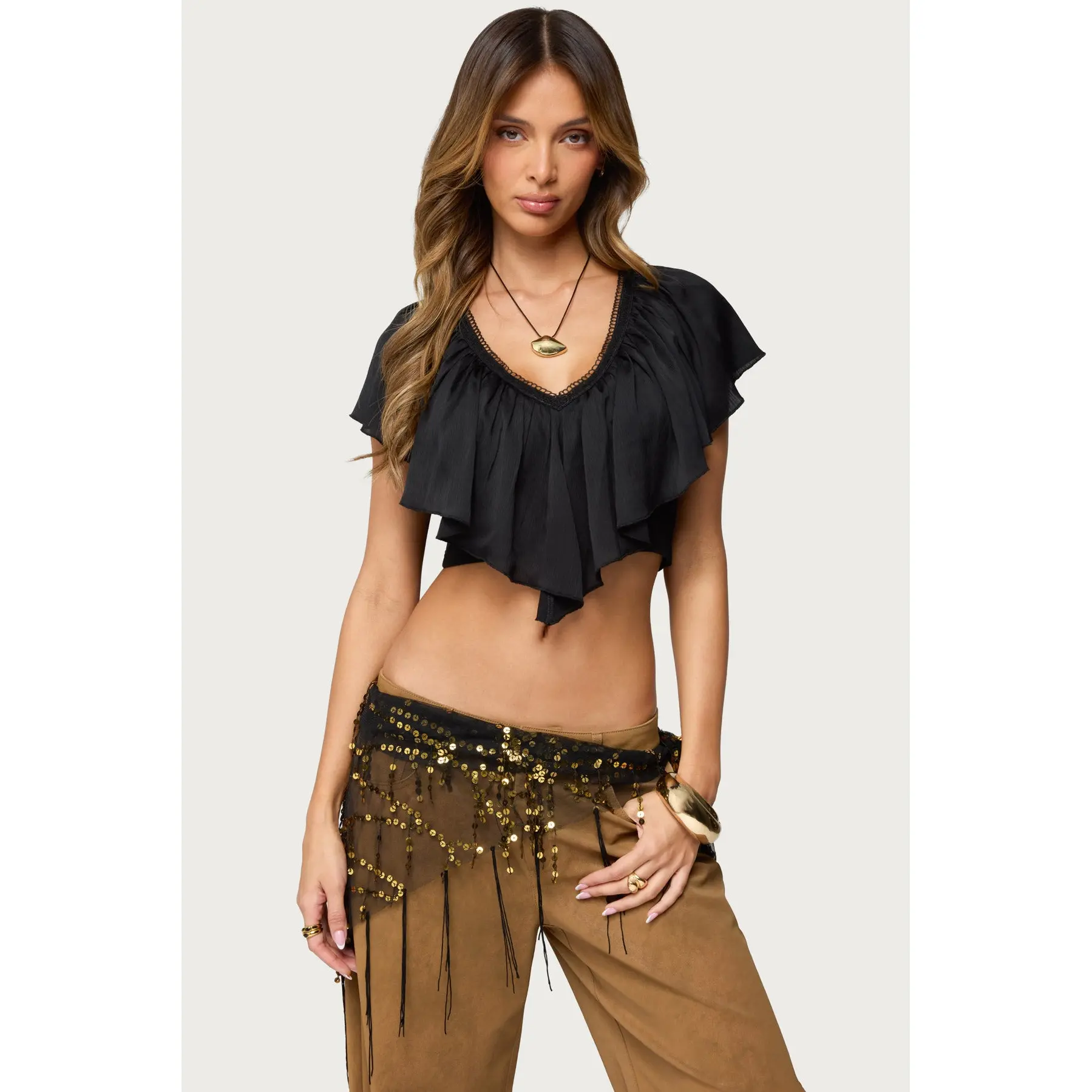Deena Ruffled V Neck Top