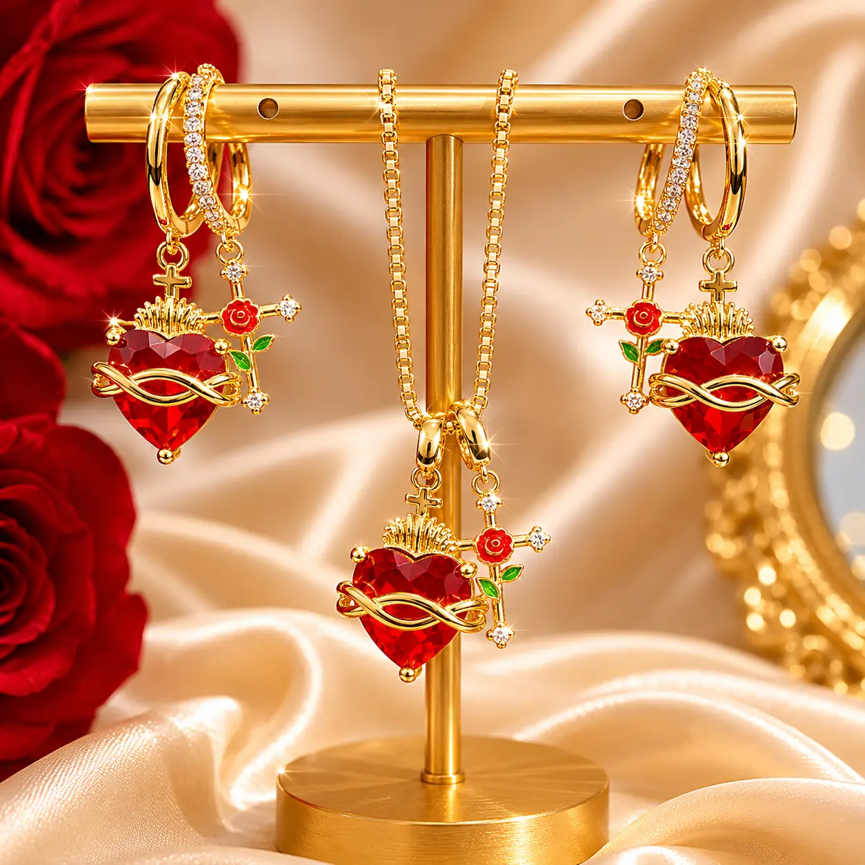 2-Piece Sacred Heart Jewelry Set, Vintage Gold-Tone Necklace and Red Crystal Hoop Earrings for Women, Romantic Valentine's Day Gift
