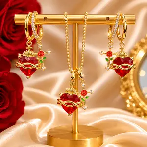 Women's Sacred Heart 2-Piece Jewelry Set - Red Crystal Heart Hoop Earrings, Matching Gold Vintage Flame Thorn Cross Charm Necklace, Gothic Romantic Dainty Gift for Valentine’s Day