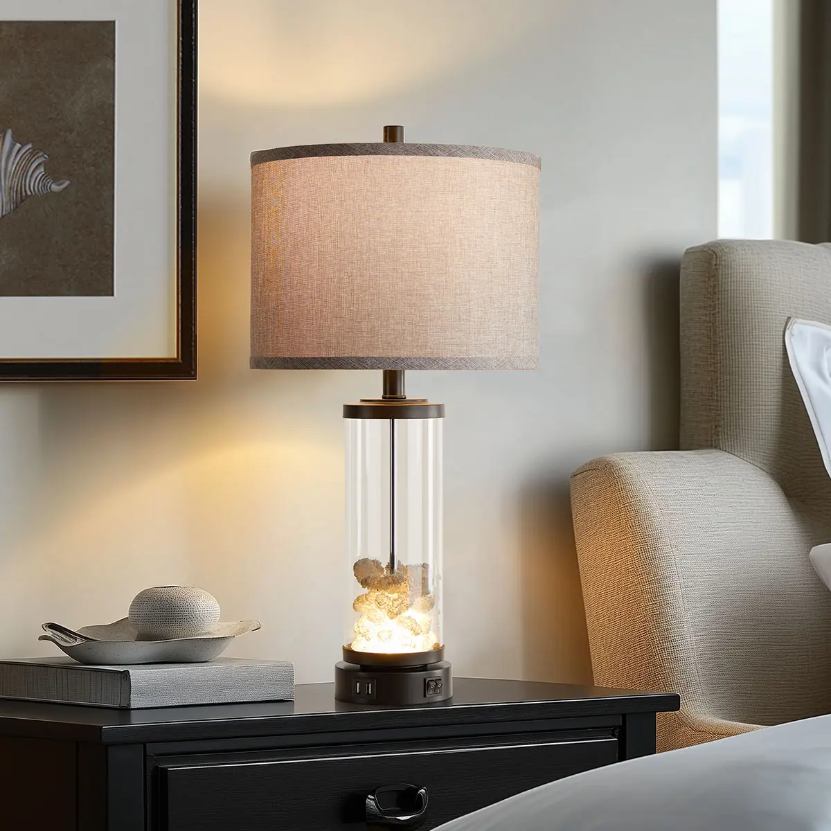 Beach Style Rustic Glass Table Lamp Set Pack - Glass Body, Glowing Shell & Coral Base, USB Port Charge Function, LED Lights for Home Improvement Novelty Lighting Sets