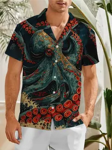 2026 Spring Summer Retro Tropical Octopus Print Hawaiian Shirt, Cuban Collar Short Sleeve, Loose Fit, Casual Trendy Vacation Essential，Limited-time holiday offers, fast shipping