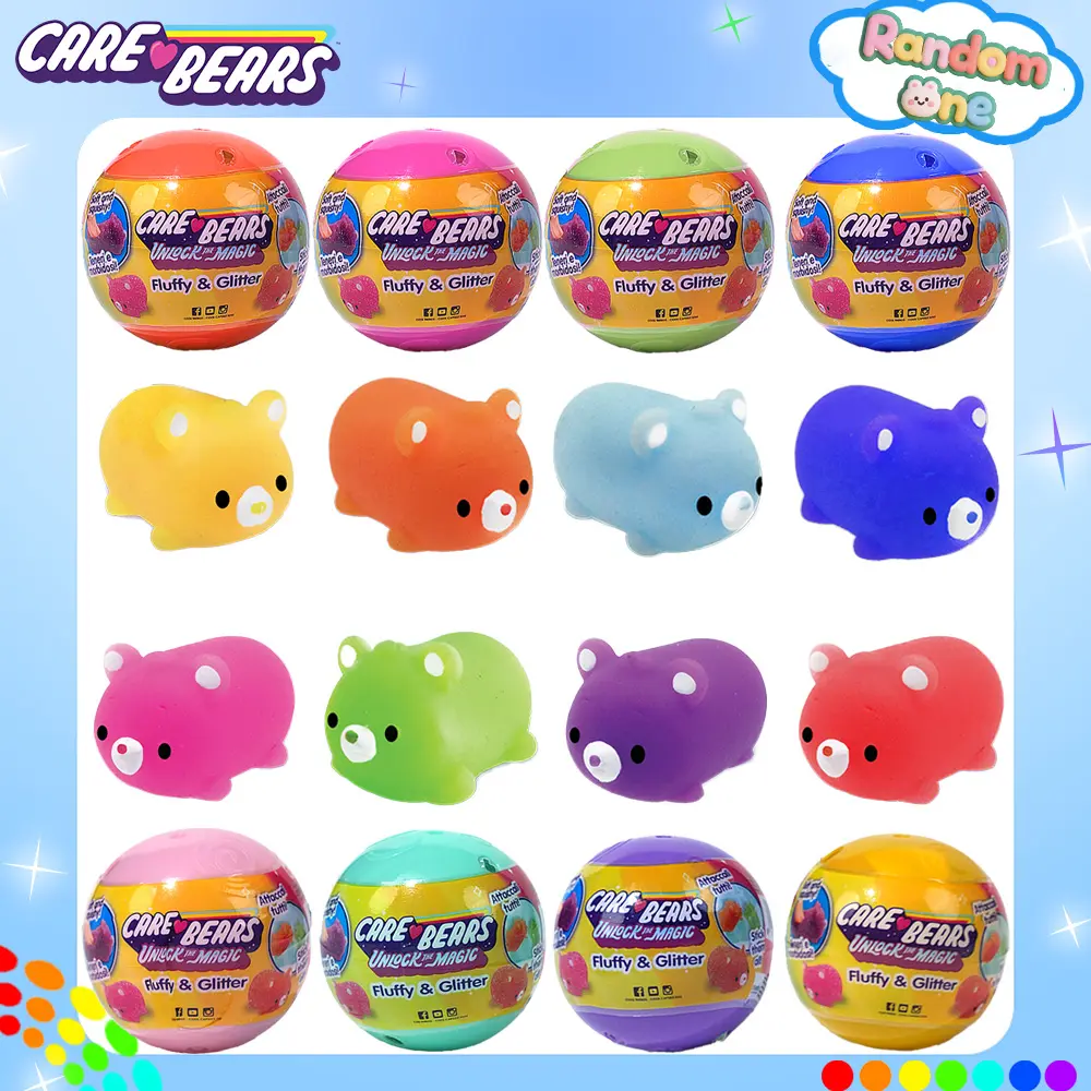 Care Bears Officially Licensed Squishy Squeeze Bear Blind Bag, Kawaii Soft Squeeze, Kawaii Squishies, Sparkly Squishies, Squishy Series, Random Multi-Coloured Stress Relief Toy, Glitter Fluffy Mini Bear Gift for Relaxation, Squishy Animals