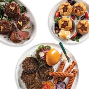Steakhouse Night In (21 Items Total) 4 Bacon-Wrapped Filets, 4 Burgers, 4 Jumbo Franks, 4 Potatoes au Gratin, 4 Caramel Apple Tartlets + Seasoning