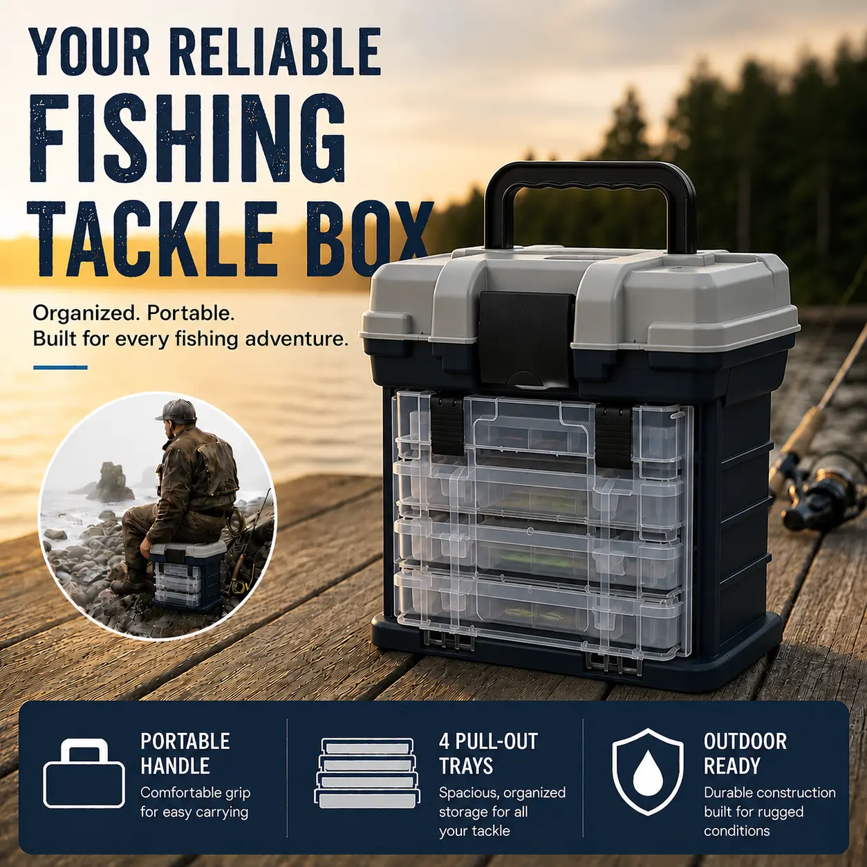 Gray 4-Layer Portable Tackle Box - Heavy-Duty, Hard Top, Multiple Compartments Container with Handle, Tackle Box Compatible, Portable Multi-Deck Fishing Storage Solutions, Home Organizer Bin for Fishing Gear