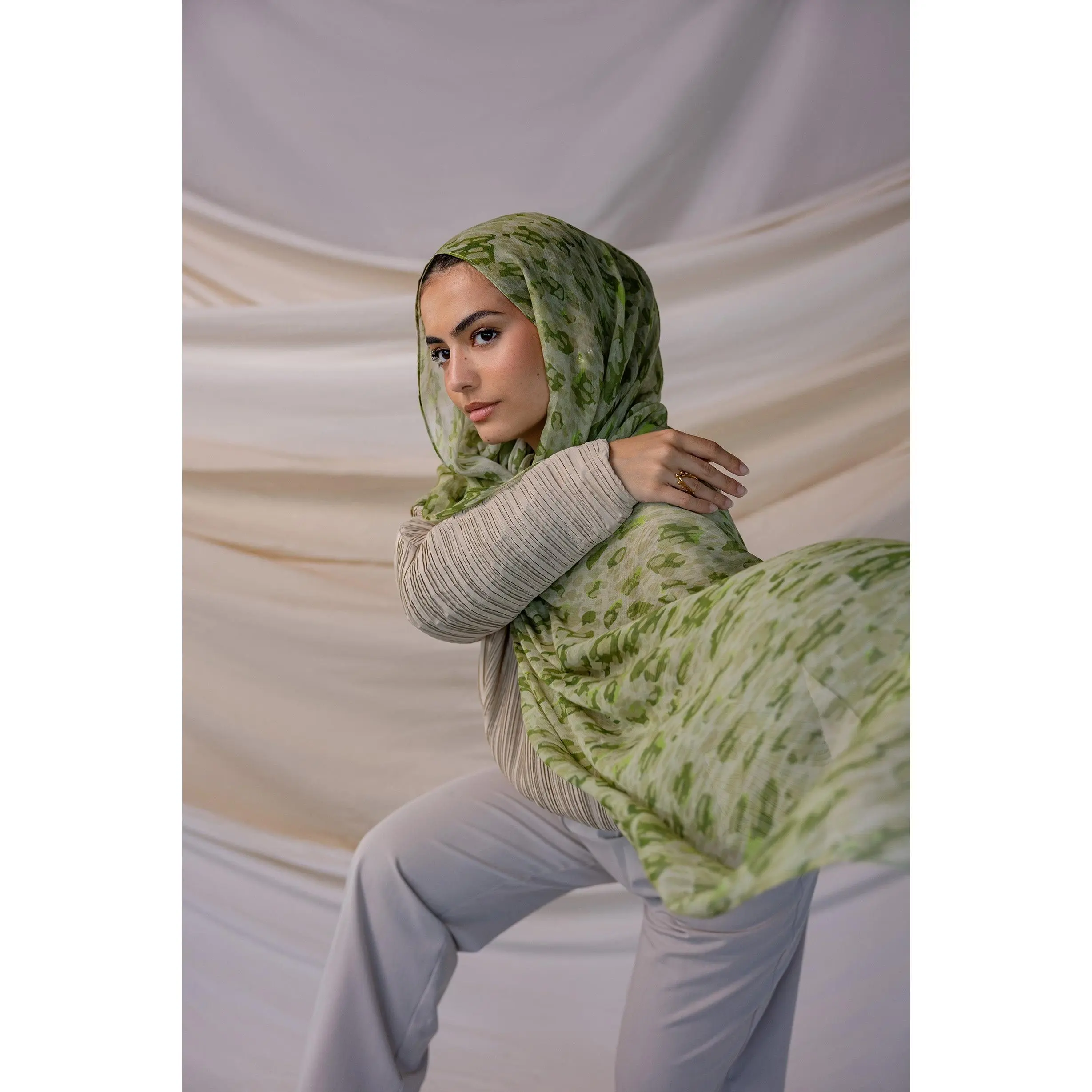 VELA Modern Speckled Green Print Modal Head Scarf, Soft, Breathable Square Hijab for Women's Modest Fashion