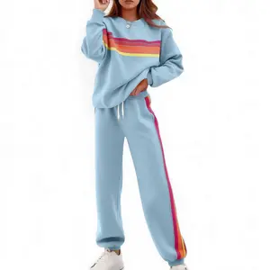 Women's 2-Piece Retro Rainbow Stripe Tracksuit - Oversized Crewneck Sweatshirt & Track Pants Set, Comfy Athletic Lounge Set for Fall, Winter