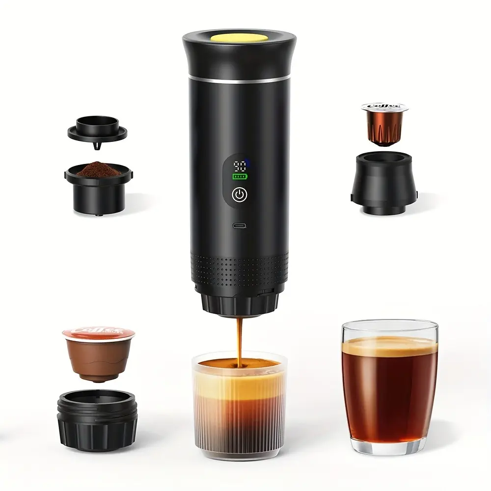 3-in-1 Self-Heating Portable Espresso Maker, LED Display, USB-C Rechargeable, Multifunctional Mini Machine Compatible with Nespresso, Dolce Gusto, Ground Coffee & Coffee Pods for Car, Camping