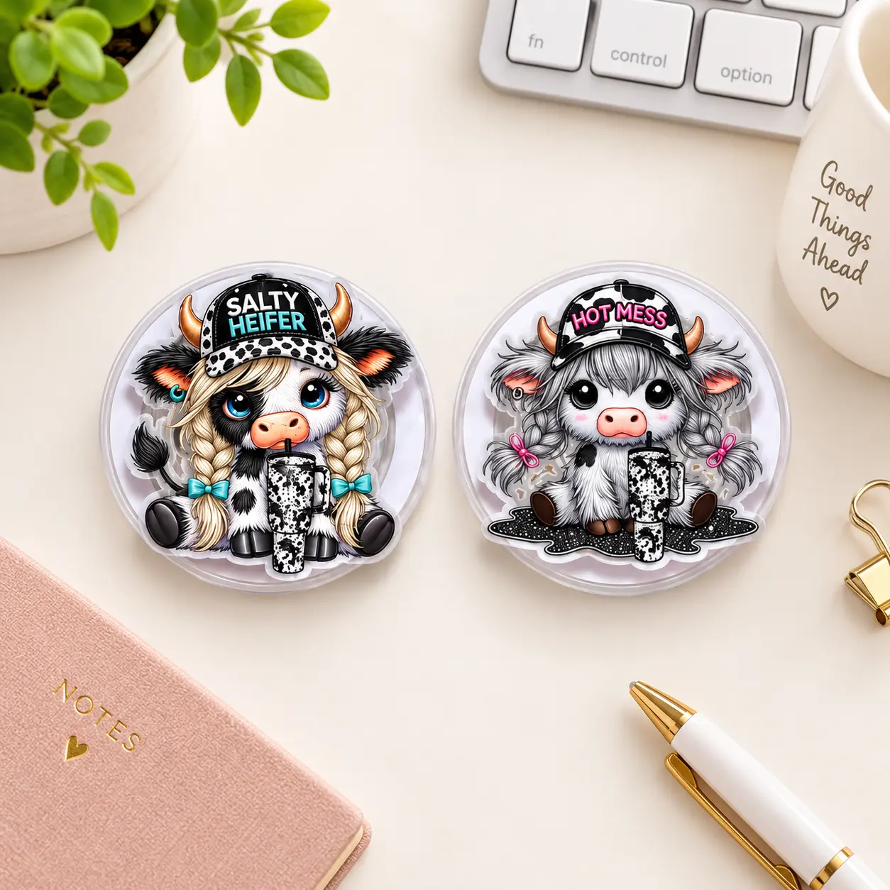 Salty Heifer Magsafe Phone Grip, Hot Mess Cow Acrylic Phone Holder, Highland Cow Kindle Stand, Cute Coquette Cow Phone Accessories, Girly Gift