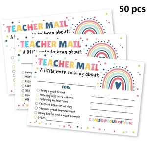 Rainbow Pattern Teacher Mail Card, 50pcs/pack Teacher Encouragement Card, Positive Behavior Encouragement Note for Students, School Classroom Reward Card