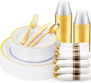 175PCS White and Gold Plastic Plates - Gold Plates with Rolled Napkins for Party - 25Guest Disposable Dinnerware Sets for Wedding Baby Shower Spring Birthday