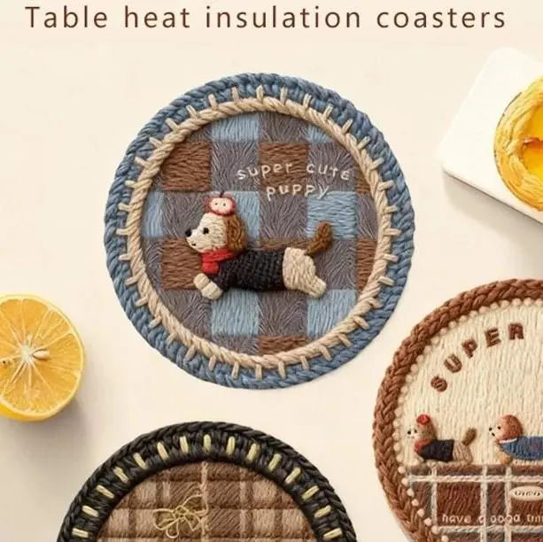 4pcs Round Shape Ceramic Coffee & Tea Coaster Set - Retro Tea Cup Print, Non-slip, Heat-resistant Ceramic Mat, Home Use Kitchen Tableware for Coffee Lovers