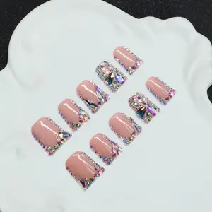 Handmade painting, colored diamonds, with crystal decoration, Y2K style, nude color, 10 pieces/set, 4 sizes, suitable for gatherings, ceremonies, daily wear, equipped with tools, Removable false nails, is a gift for women and girls, Nail Art Products