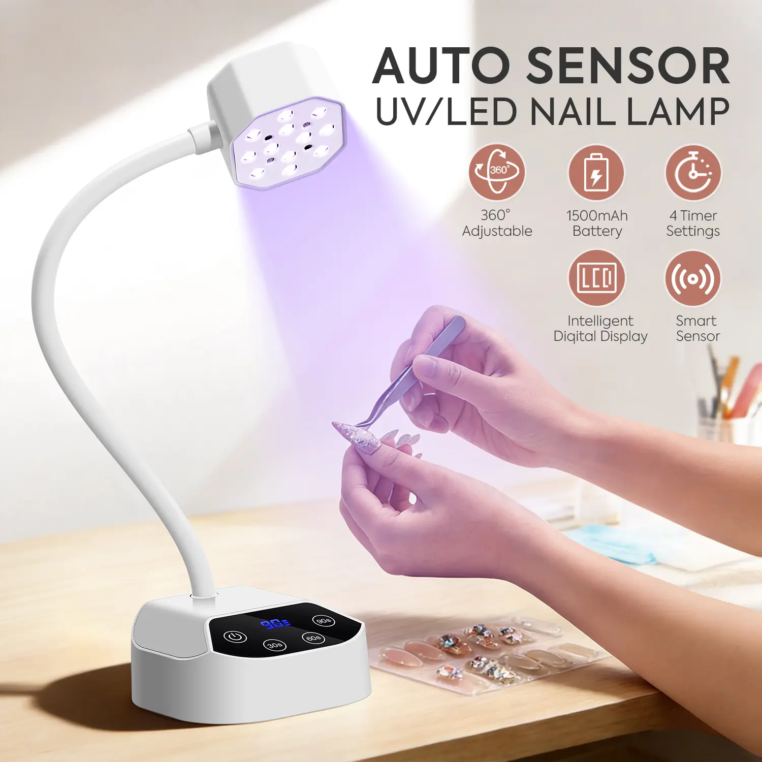 36W UV LED Nail Lamp, Mini Wireless Curing Light, Flexible Gooseneck Gel X Nail Lamp, Portable USB Rechargeable, 50mW/cm² High Power, 12 LEDs, Auto Sensor, 4 Timer Modes, LCD Display, Home DIY Nail Dryer